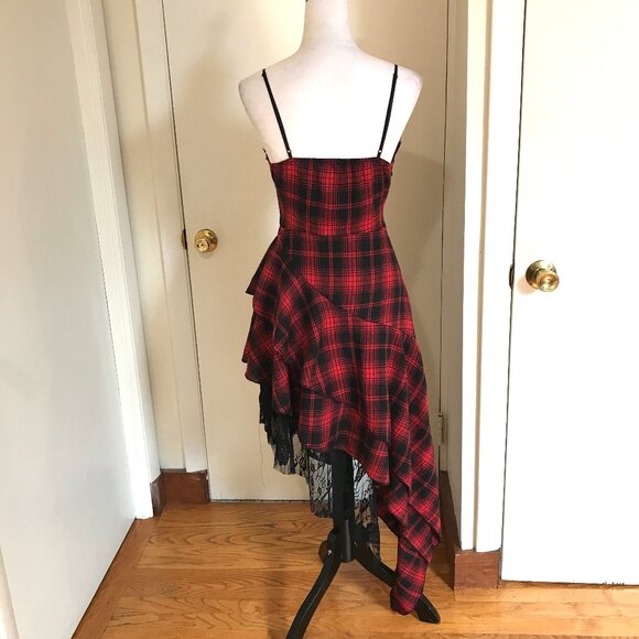 Punk Goth Vkei Red & Black Plaid Tartan Asymmetrical Hem Dress - Picture 9 of 12